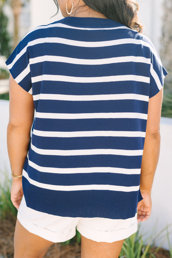 Chic Soul plus size clothing, short cap sleeve navy and white horizontal stripe sweater