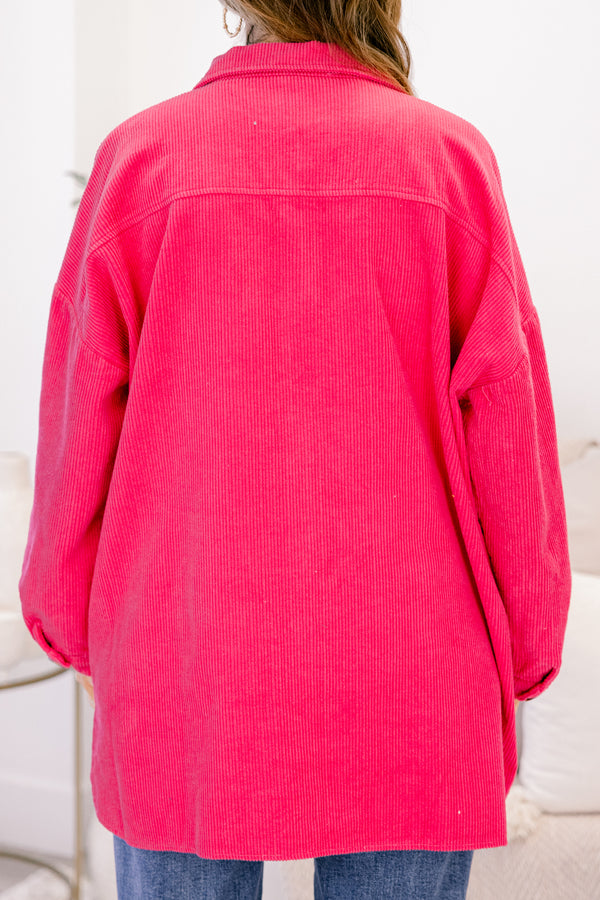 Chic Soul plus size clothing, hot pink long sleeve thick jacket with five brown wooden button enclosure and collar