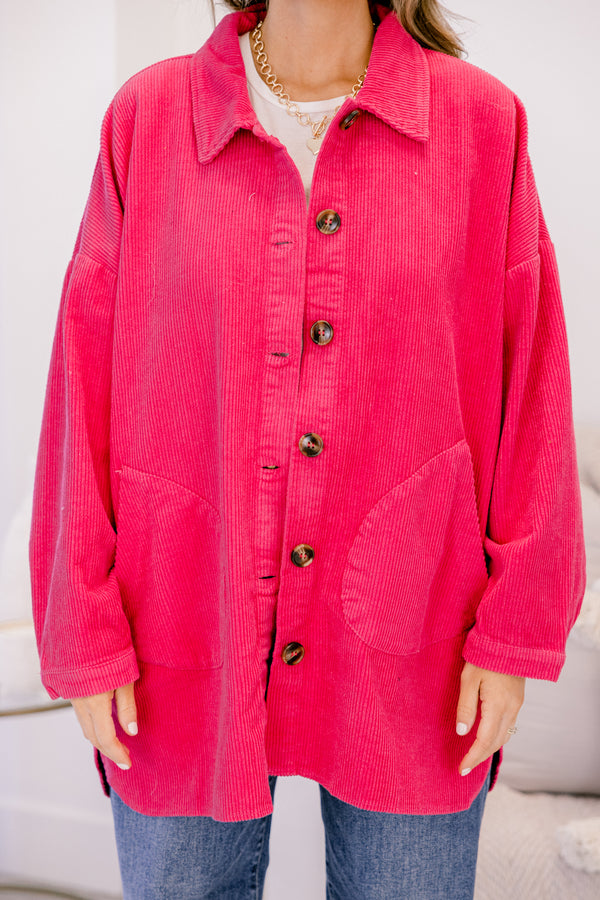 Chic Soul plus size clothing, hot pink long sleeve thick jacket with five brown wooden button enclosure and collar