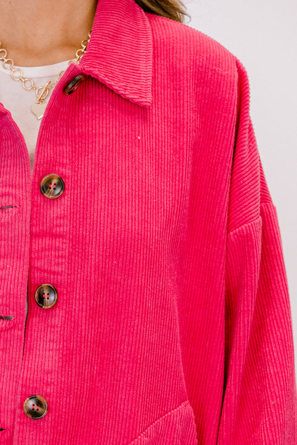 Chic Soul plus size clothing, hot pink long sleeve thick jacket with five brown wooden button enclosure and collar