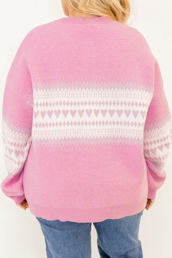 Chic Soul plus size clothing, light pink slouchy long sleeve cardigan with white and purple heart pattern across the middle and wooden button along the front