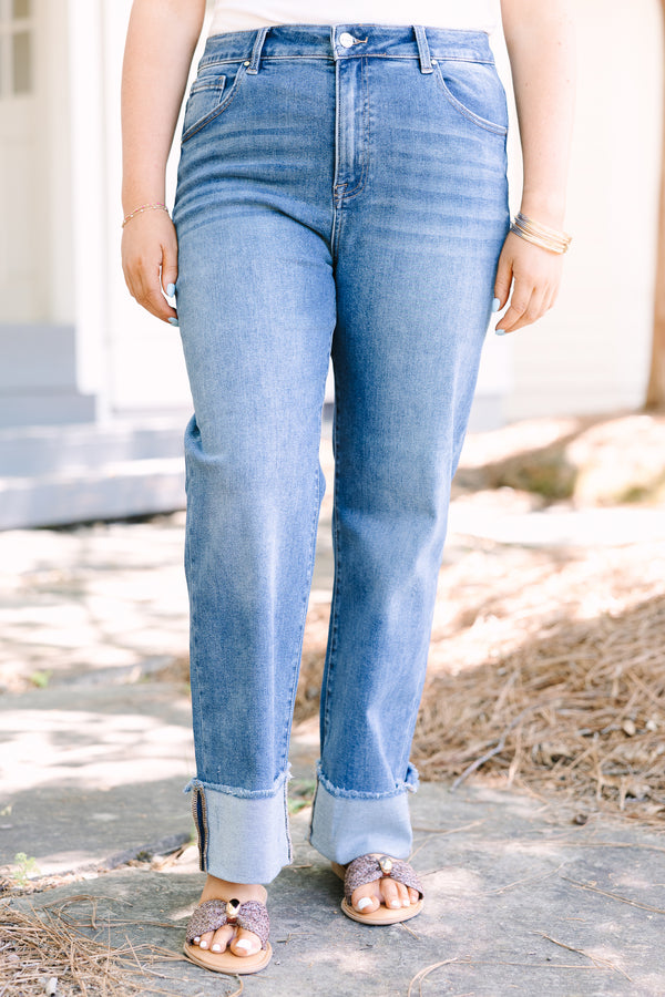 Chic Soul plus size clothing, medium wash blue jeans with a thick cuff at the ankle