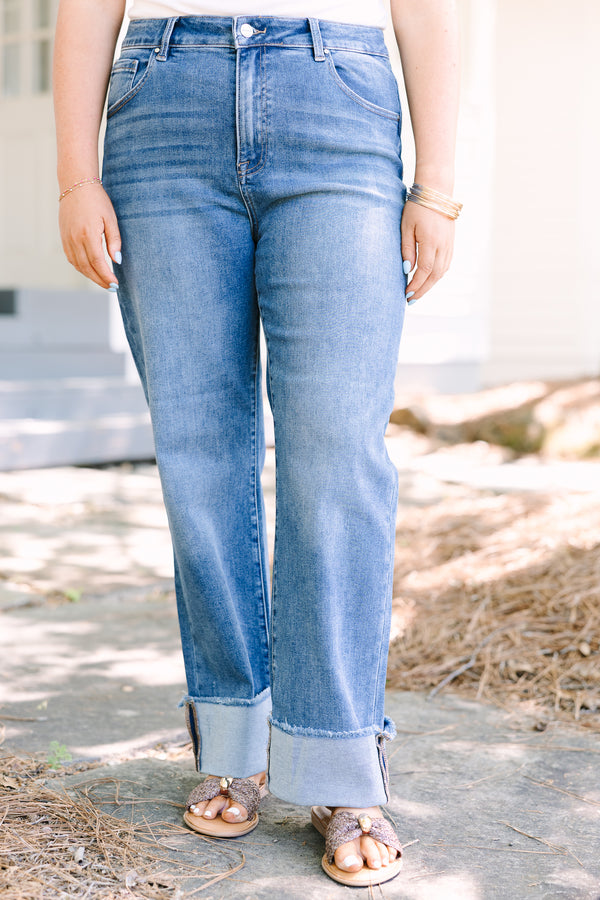 Chic Soul plus size clothing, medium wash blue jeans with a thick cuff at the ankle