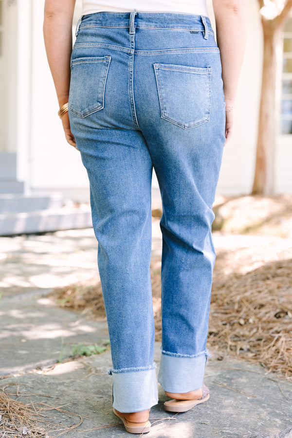 Chic Soul plus size clothing, medium wash blue jeans with a thick cuff at the ankle