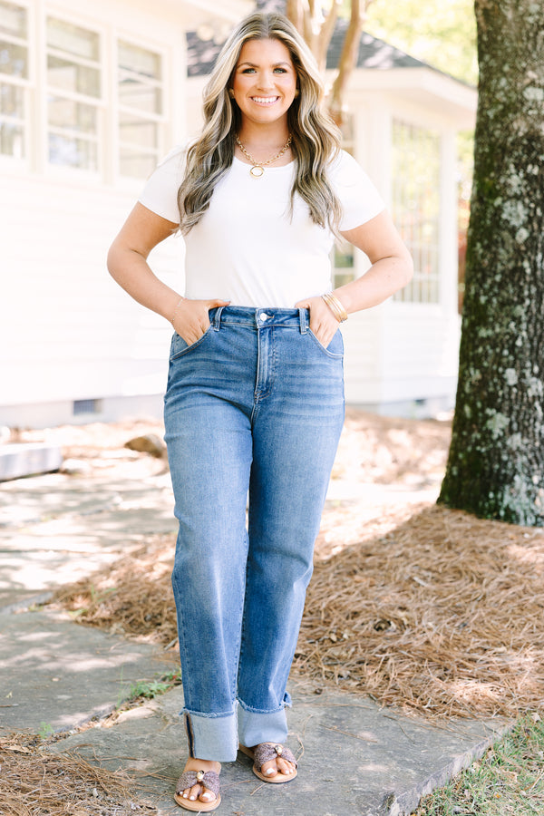Chic Soul plus size clothing, medium wash blue jeans with a thick cuff at the ankle