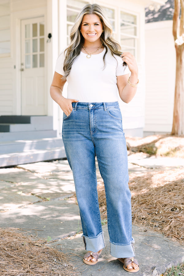 Chic Soul plus size clothing, medium wash blue jeans with a thick cuff at the ankle