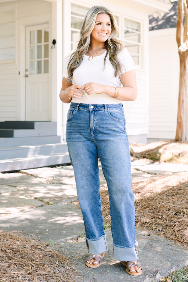 Chic Soul plus size clothing, medium wash blue jeans with a thick cuff at the ankle