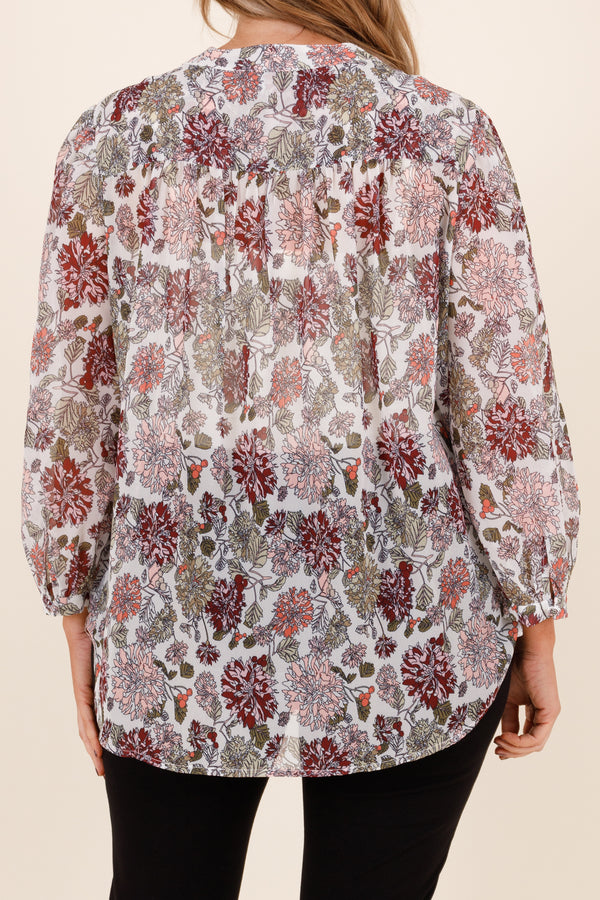 Chic Soul plus size clothing, ivory colored top with purple and pink floral pattern