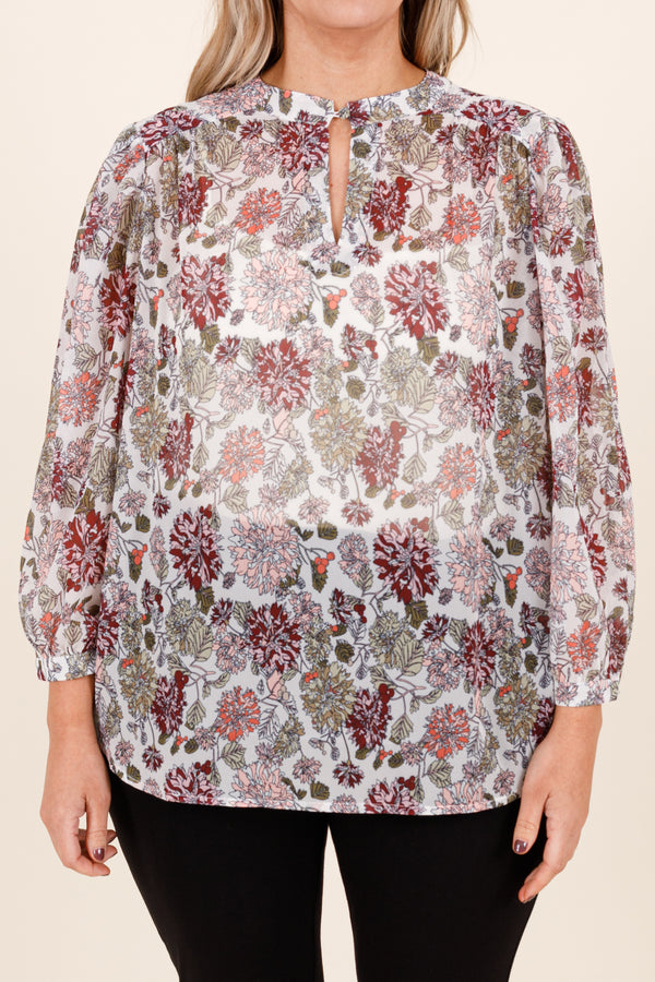 Chic Soul plus size clothing, ivory colored top with purple and pink floral pattern