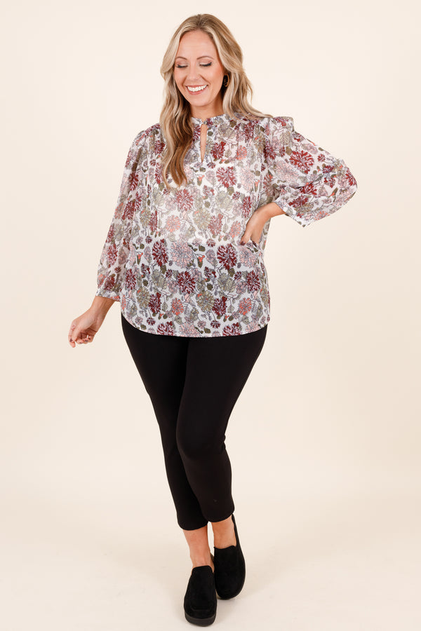 Chic Soul plus size clothing, ivory colored top with purple and pink floral pattern