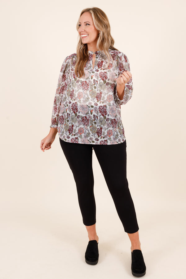 Chic Soul plus size clothing, ivory colored top with purple and pink floral pattern