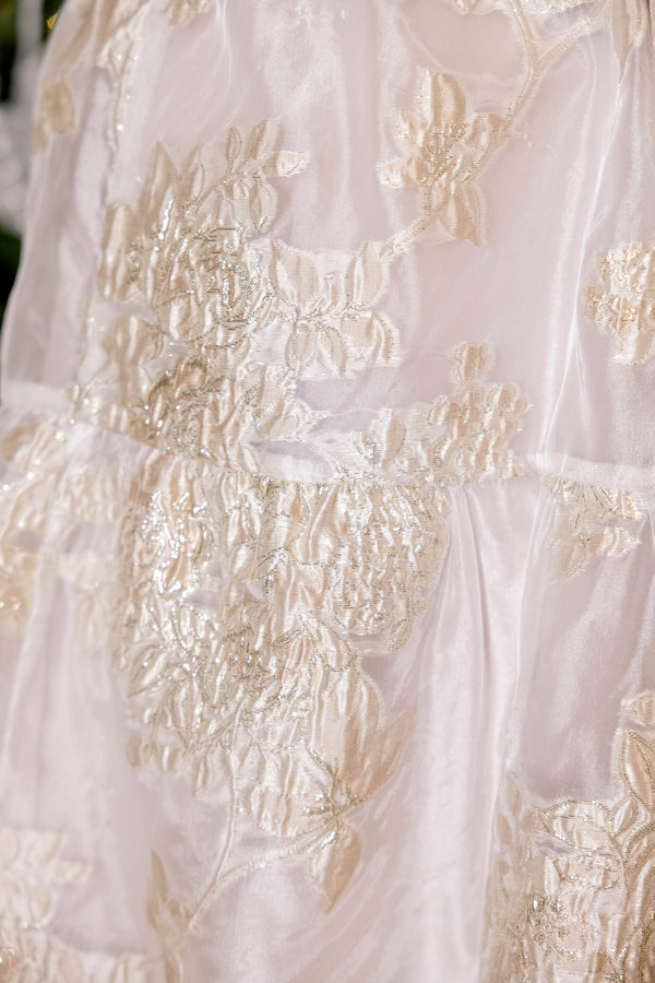 Chic Soul plus size clothing, cream and gold floral embellishment short puff sleeve short dress with waist tie and quarter button down top