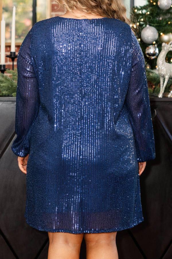 Chic Soul plus size clothing, navy colored glitter sequin holiday themed dress with under layer and long sleeves, short length