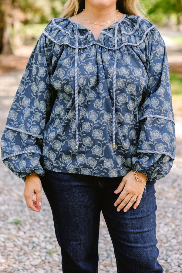 Chic Soul plus size clothing, navy blue long puff sleeve top with light blue floral print
