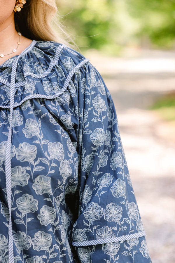 Chic Soul plus size clothing, navy blue long puff sleeve top with light blue floral print
