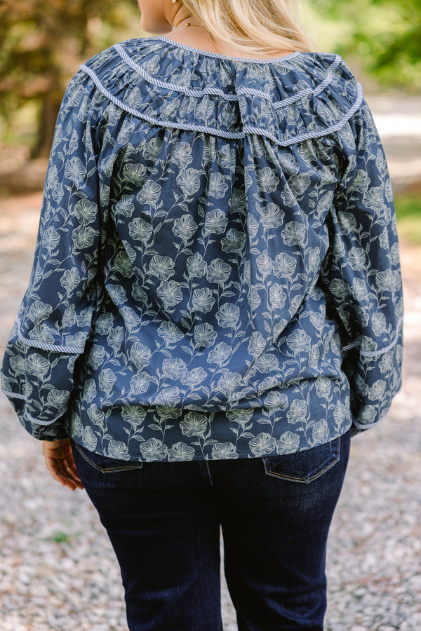 Chic Soul plus size clothing, navy blue long puff sleeve top with light blue floral print
