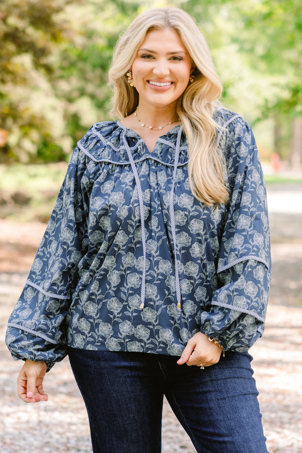 Chic Soul plus size clothing, navy blue long puff sleeve top with light blue floral print
