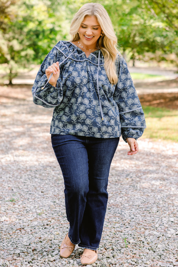 Chic Soul plus size clothing, navy blue long puff sleeve top with light blue floral print
