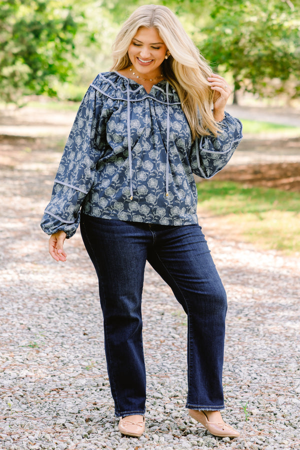 Chic Soul plus size clothing, navy blue long puff sleeve top with light blue floral print
