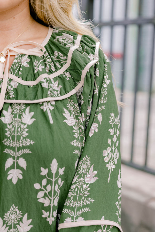 Chic Soul plus size clothing, green long puff sleeve top with white floral block print and a tie at the collar