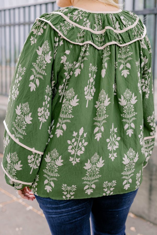 Chic Soul plus size clothing, green long puff sleeve top with white floral block print and a tie at the collar