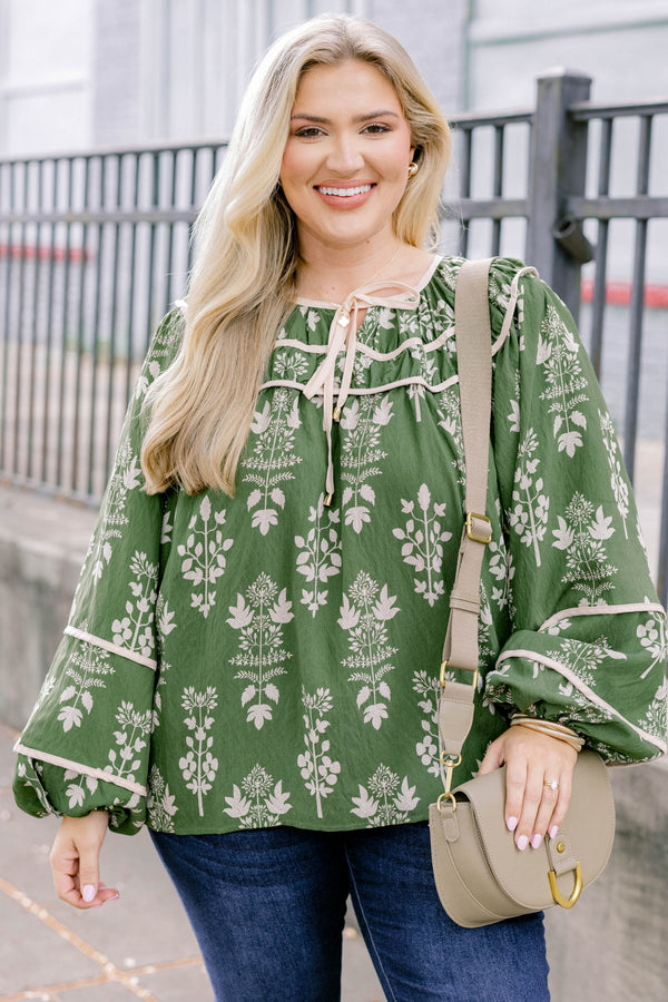 Chic Soul plus size clothing, green long puff sleeve top with white floral block print and a tie at the collar