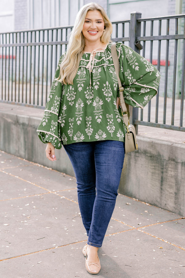 Chic Soul plus size clothing, green long puff sleeve top with white floral block print and a tie at the collar