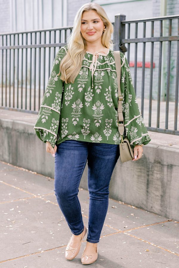 Chic Soul plus size clothing, green long puff sleeve top with white floral block print and a tie at the collar