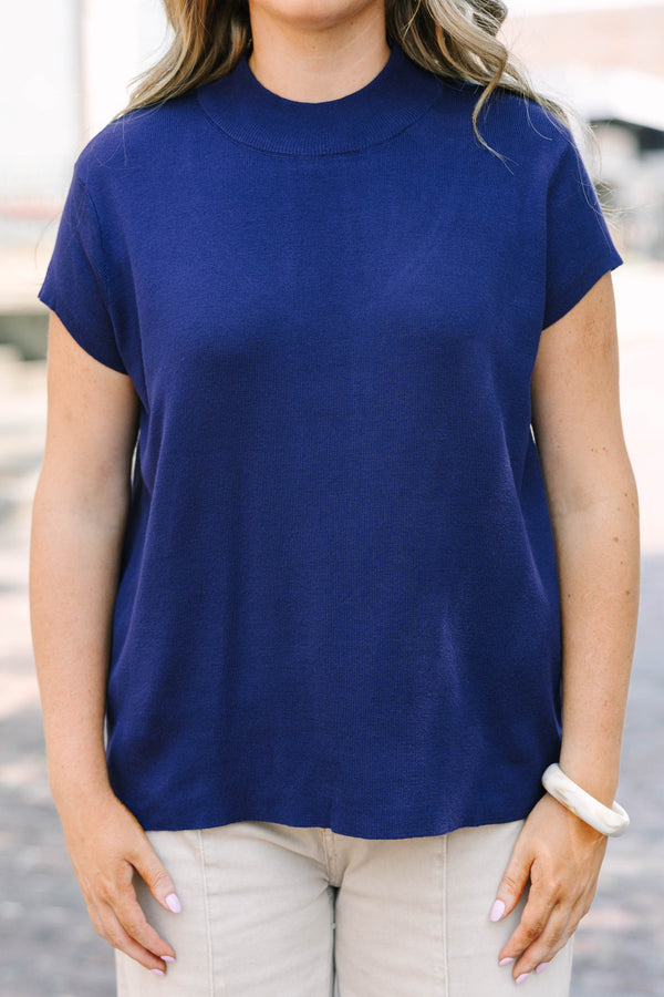 Plus Size navy cap sleeve sweater with a high neckline and soft microribbed fabric.