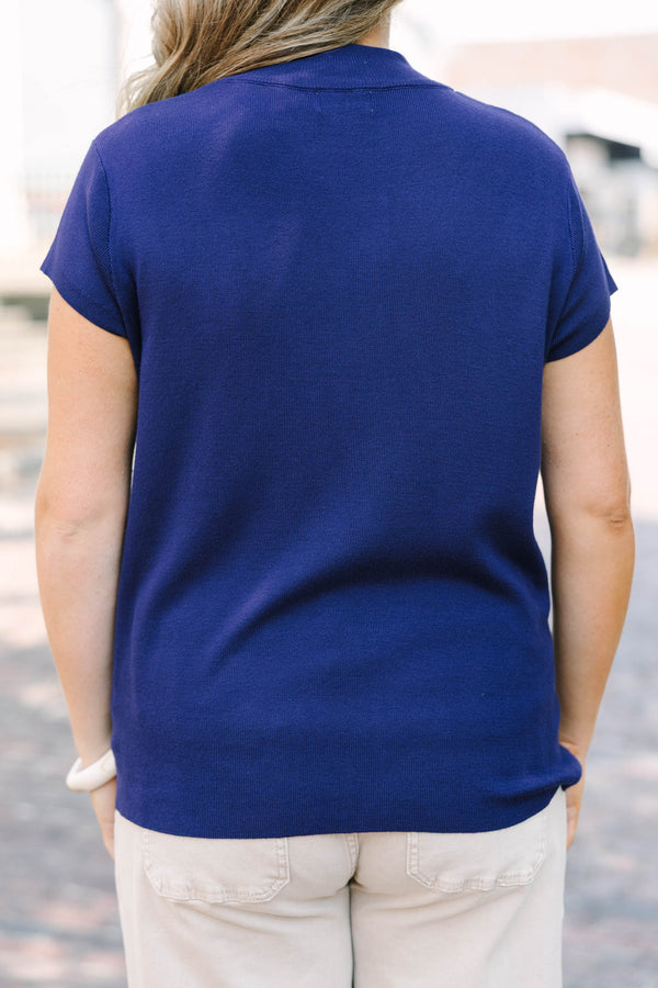 Plus Size navy cap sleeve sweater with a high neckline and soft microribbed fabric.