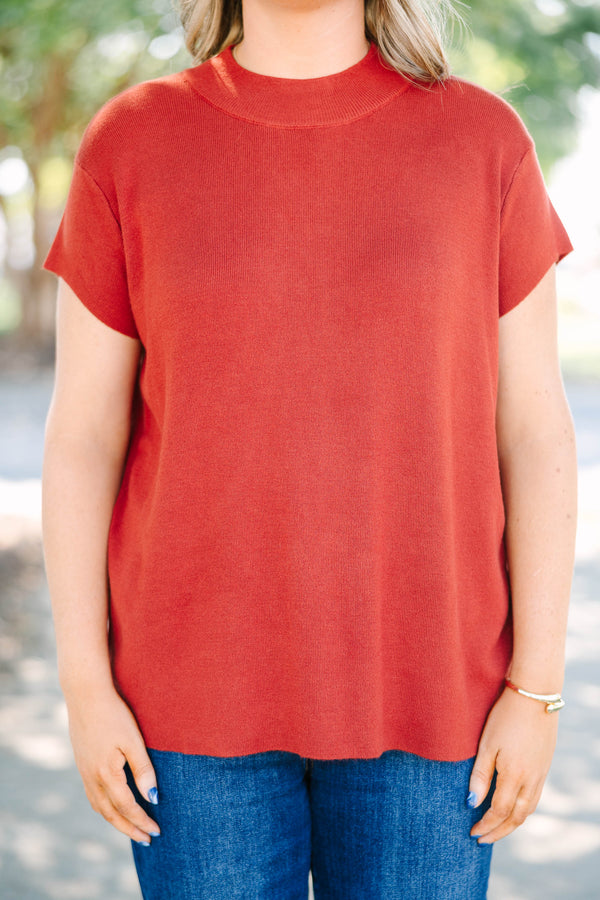 Plus size clothing, rust microribbed short sleeve mock neck sweater