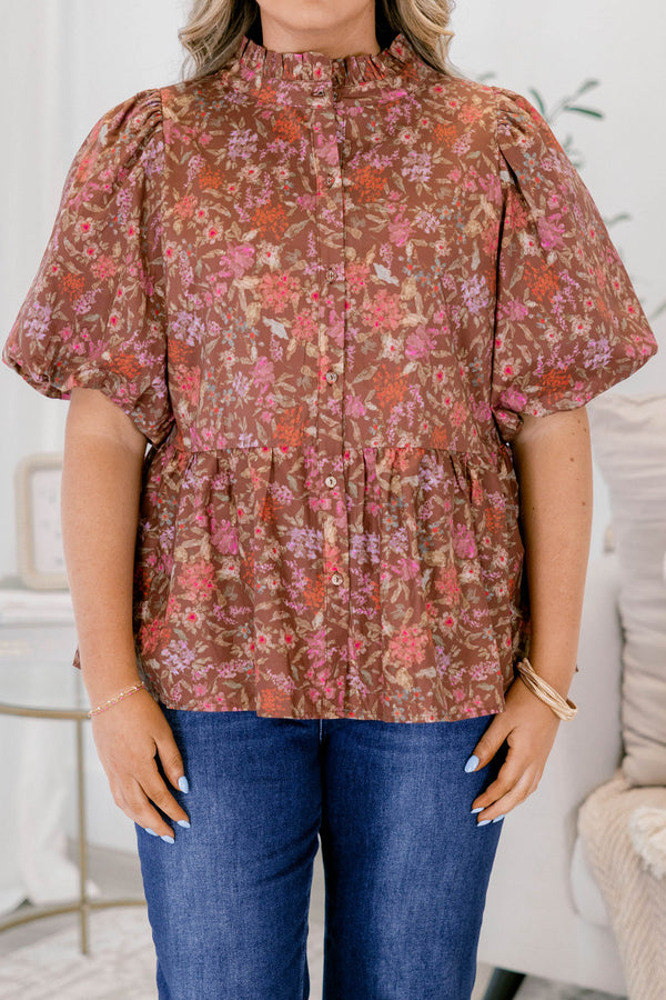 Chic Soul plus size clothing, brown rust red floral short puff sleeve peplum button up collar top