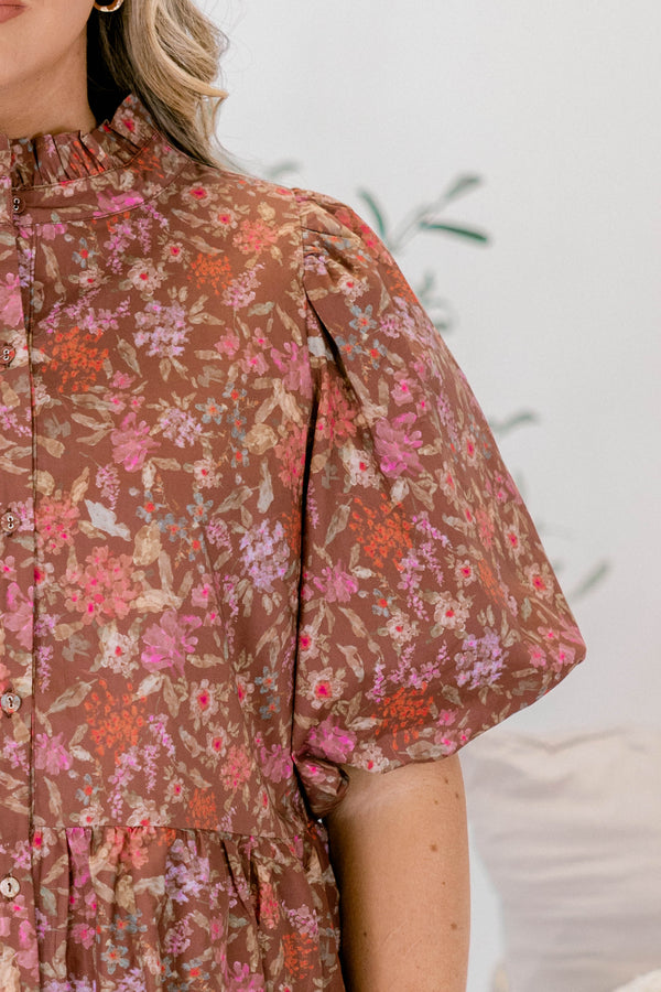 Chic Soul plus size clothing, brown rust red floral short puff sleeve peplum button up collar top