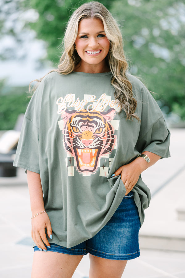 Chic Soul plus size clothing, moss colored oversized boyfriend tee with tiger graphic