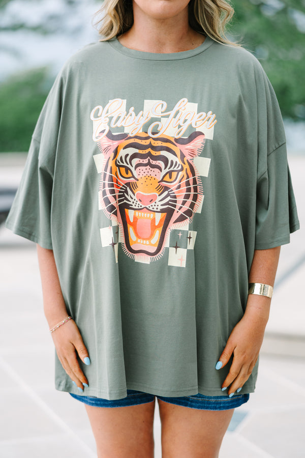 Chic Soul plus size clothing, moss colored oversized boyfriend tee with tiger graphic