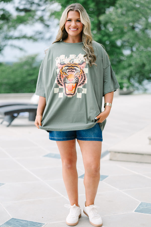 Chic Soul plus size clothing, moss colored oversized boyfriend tee with tiger graphic