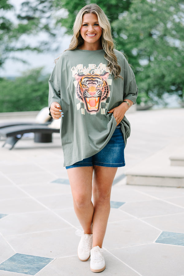 Chic Soul plus size clothing, moss colored oversized boyfriend tee with tiger graphic
