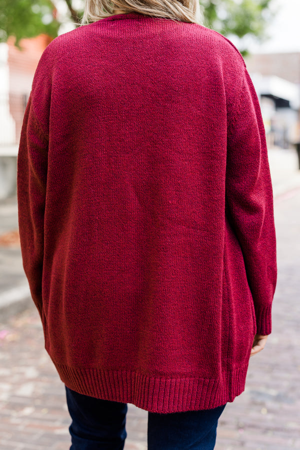 Chic Soul plus size clothing, long-sleeve cabernet wine red knit cardigan with pockets