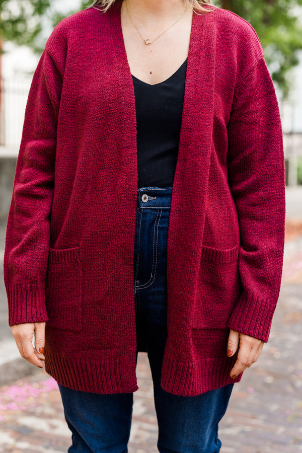 Chic Soul plus size clothing, long-sleeve cabernet wine red knit cardigan with pockets