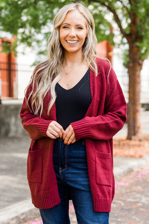 Chic Soul plus size clothing, long-sleeve cabernet wine red knit cardigan with pockets