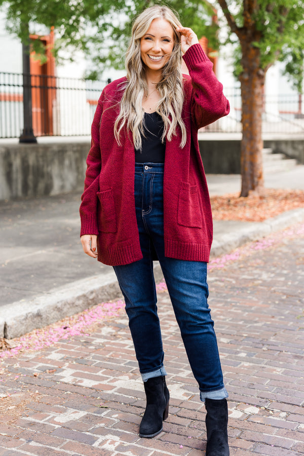 Chic Soul plus size clothing, long-sleeve cabernet wine red knit cardigan with pockets