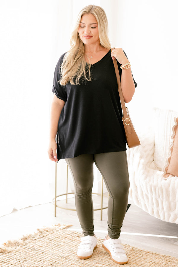 Chic Soul plus size clothing, olive green full length athletic leggings with side pockets