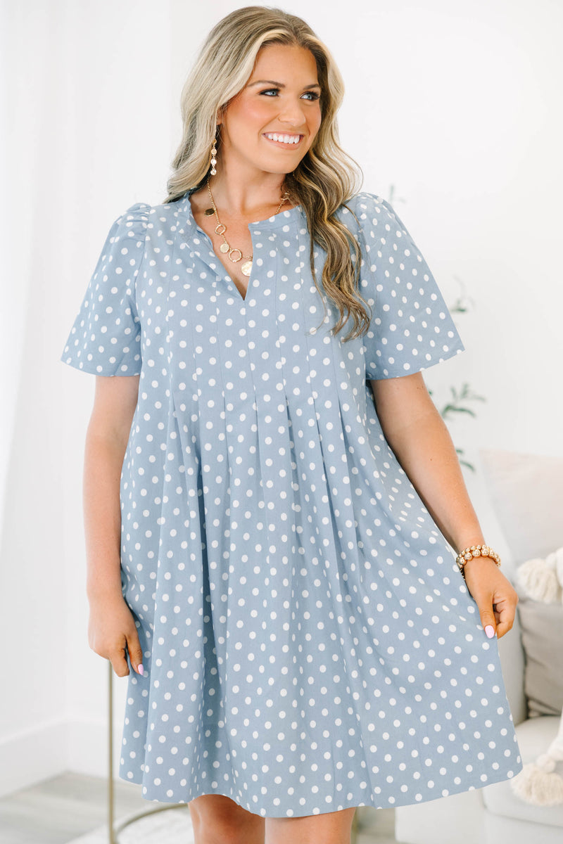 polka dot flowy dress Women's Going The Right Way Dress, Blue Party Sexy bust gathering Hemline Sleeveless Boatneck Fit & Costume Size:S