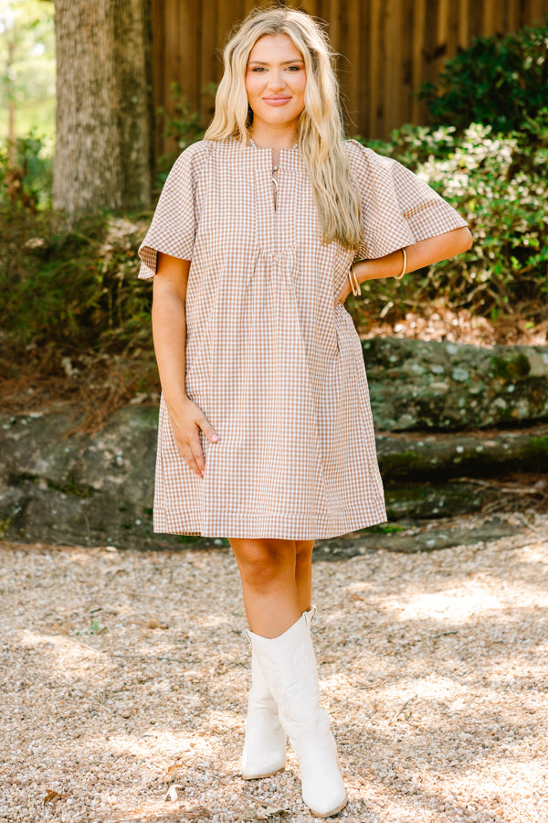Chic Soul plus size clothing, brown gingham short sleeve dress with a slight v-neckline 