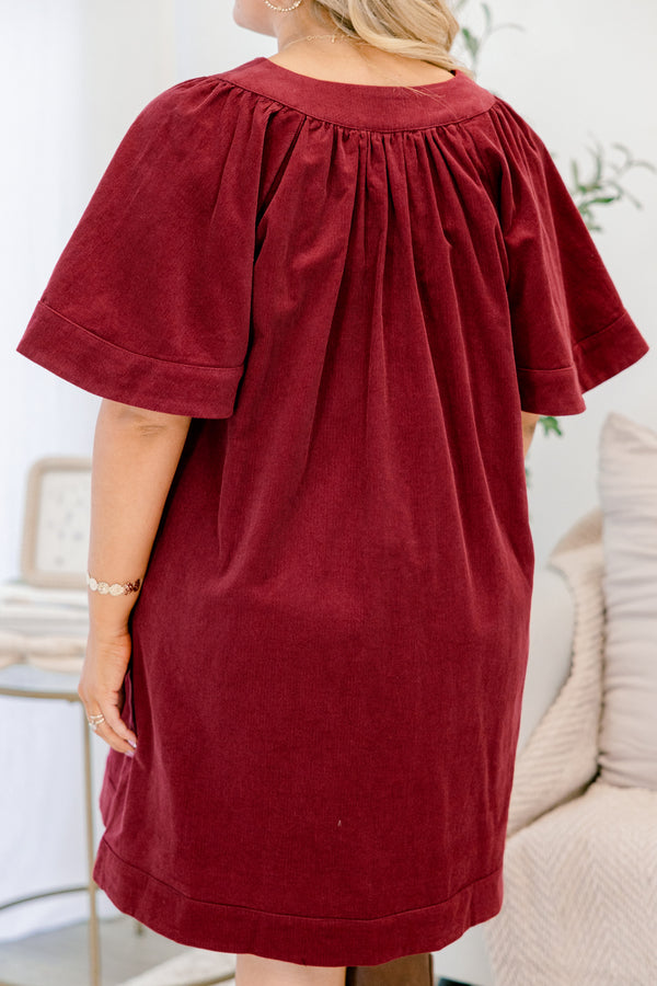 Chic Soul plus size clothing, burgundy red short flowy sleeve short dress with small v-neckline detail