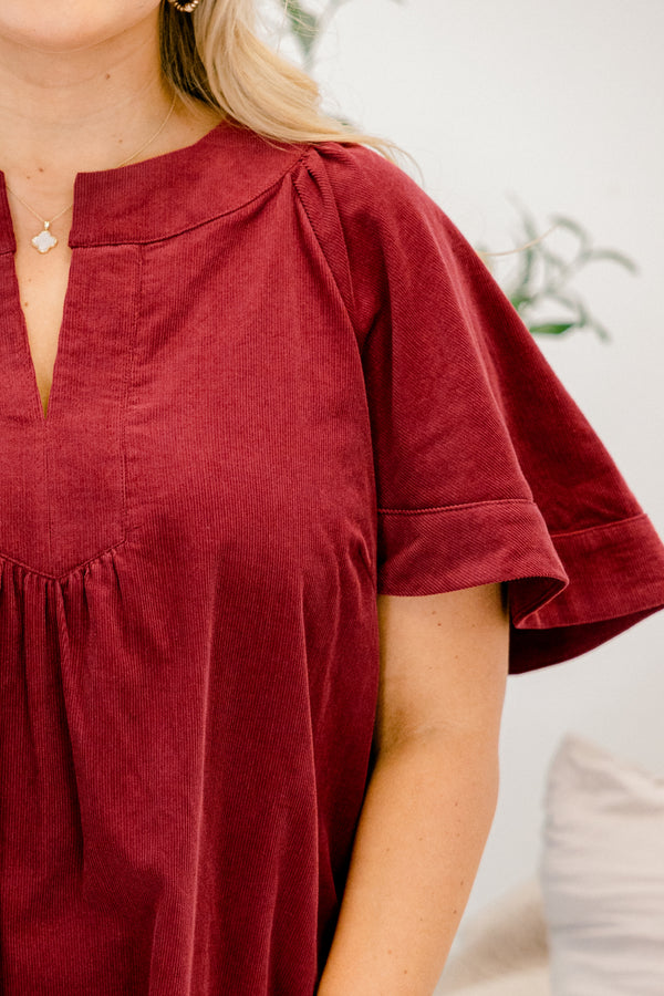 Chic Soul plus size clothing, burgundy red short flowy sleeve short dress with small v-neckline detail
