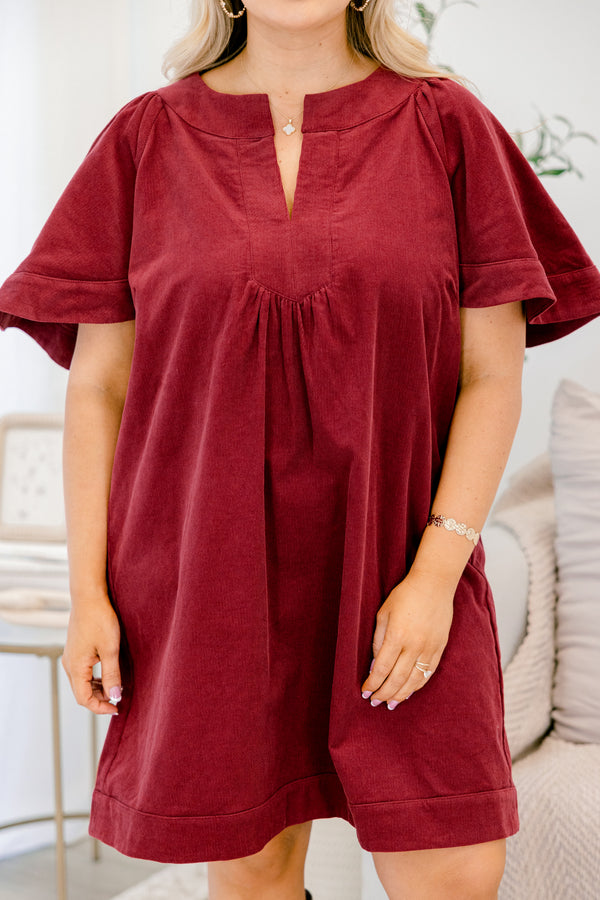 Chic Soul plus size clothing, burgundy red short flowy sleeve short dress with small v-neckline detail