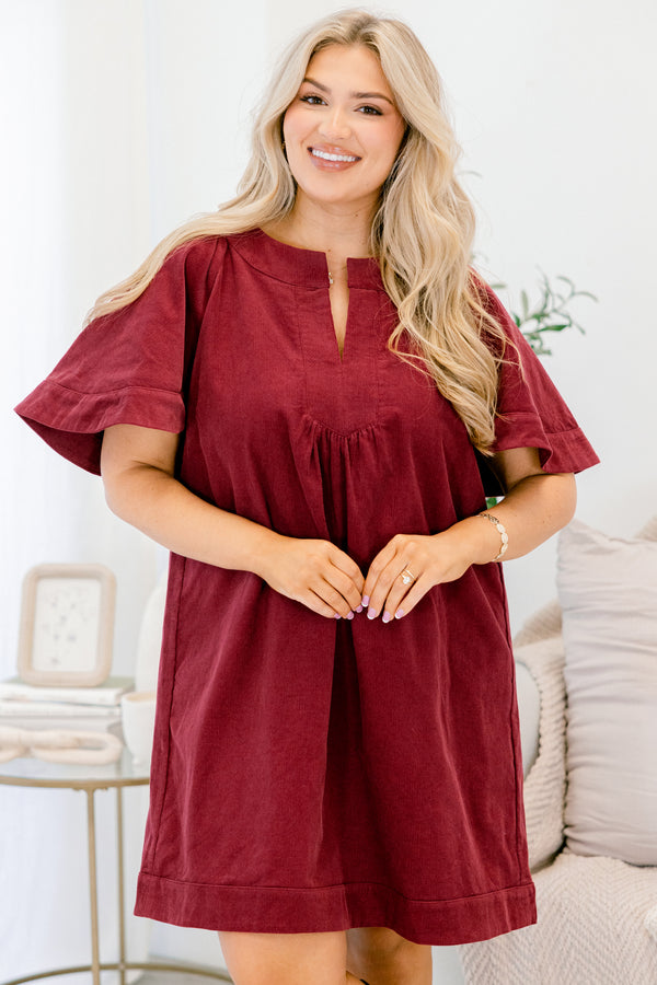Chic Soul plus size clothing, burgundy red short flowy sleeve short dress with small v-neckline detail