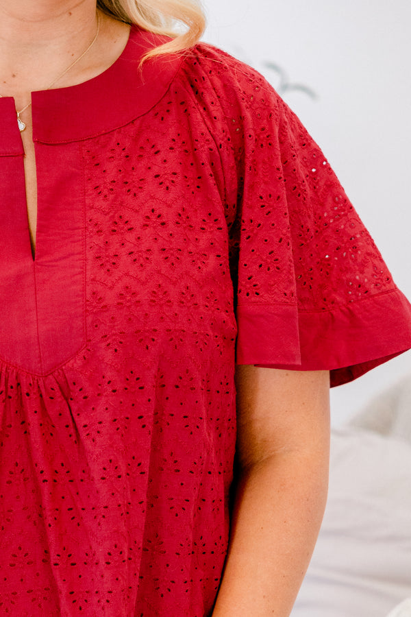 Chic Soul plus size clothing, red dress with short bell sleeves and a eyelet pattern as well as a slight v-neckline 