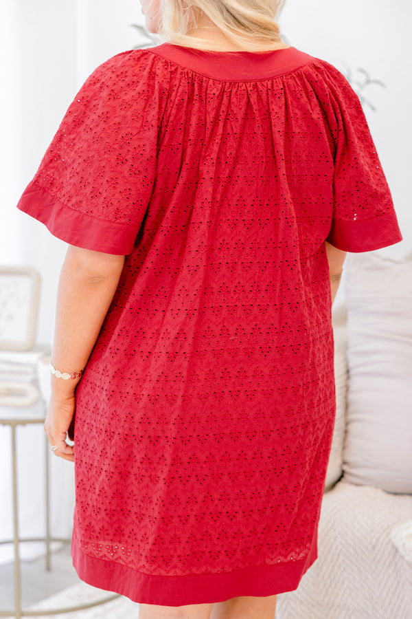 Chic Soul plus size clothing, red dress with short bell sleeves and a eyelet pattern as well as a slight v-neckline 